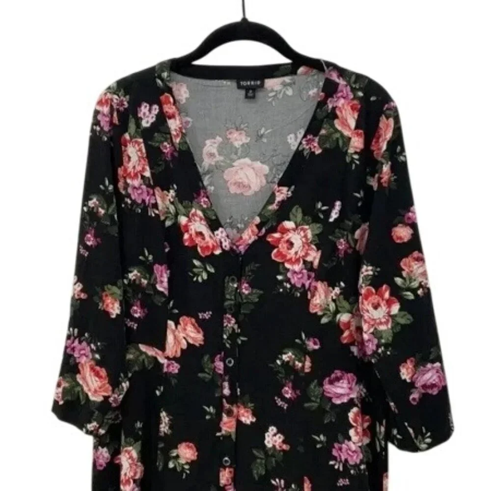 Torrid Black Floral Challis Button Down Trapeze Midi Dress - Picture 13 of 15